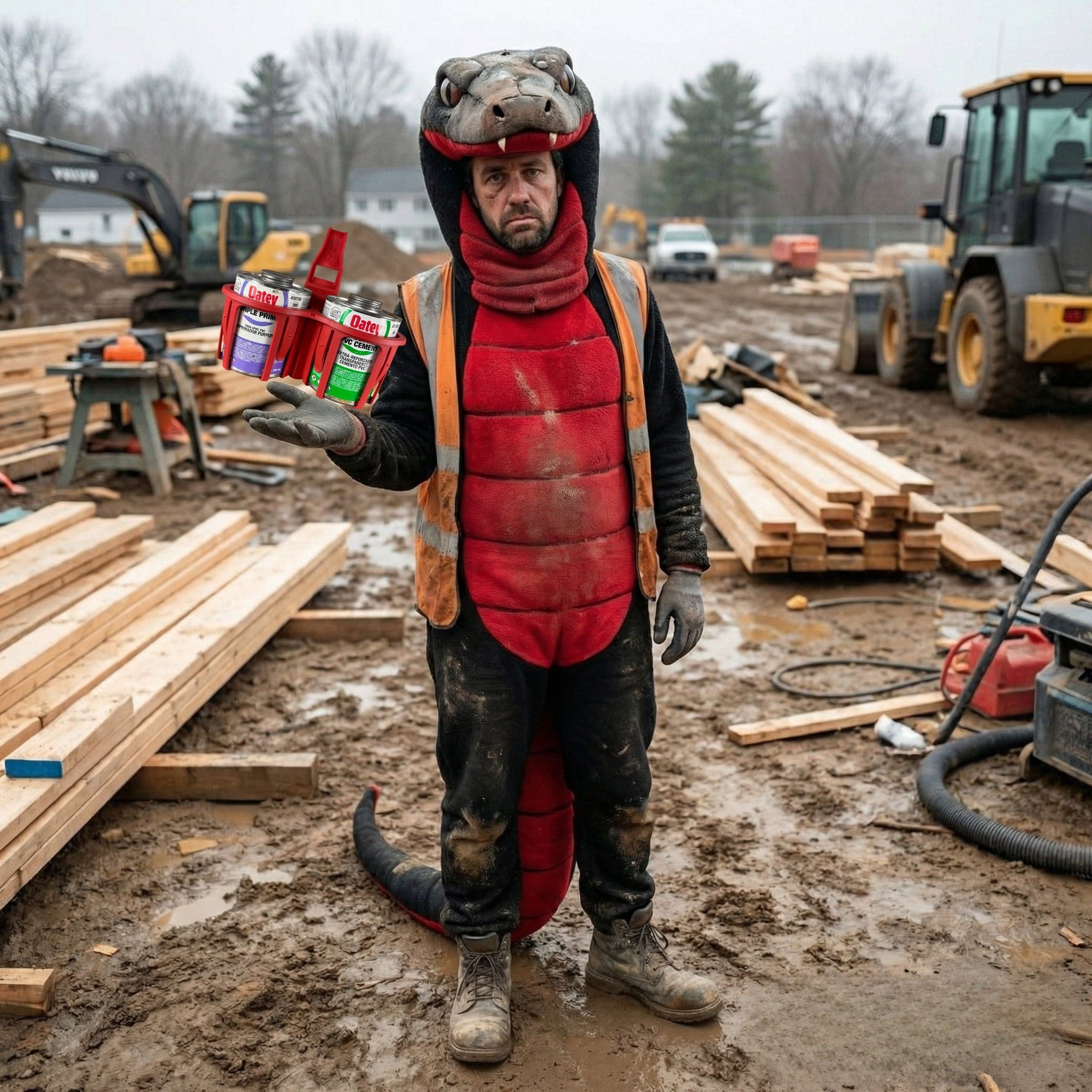 Man dressed in red belly black snake suit holding a constricta multi pot grip glue and primer caddy made by rebend industries 