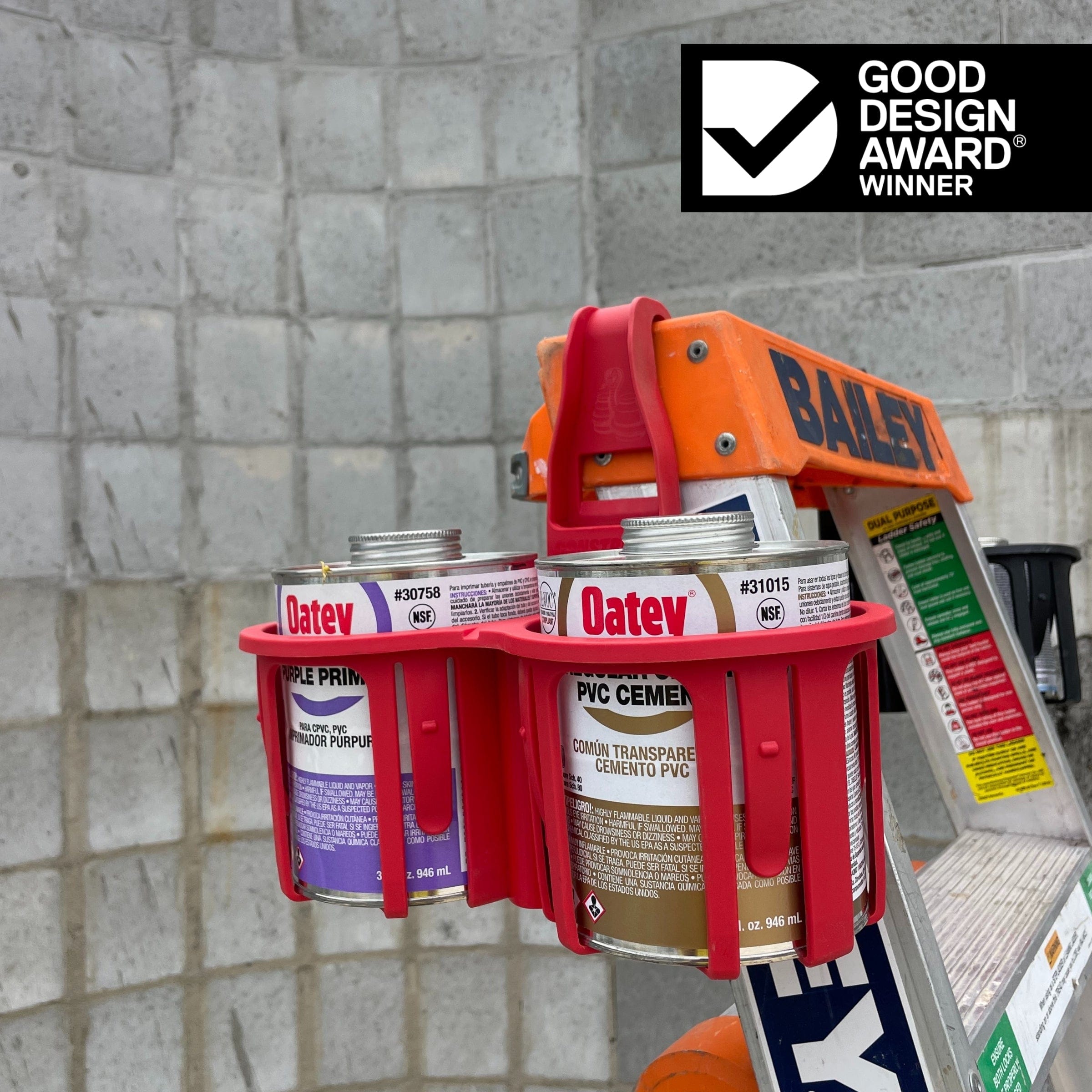 Red Constricta multi pot grip glue and primer caddy hanging off a ladder for plumbing 