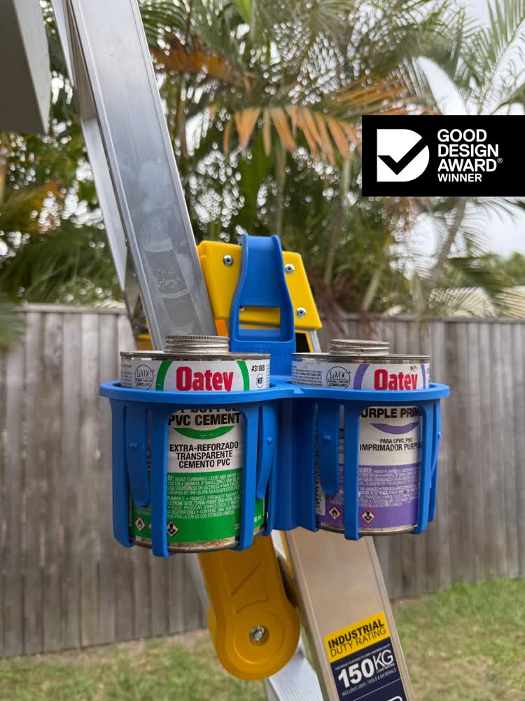 Blue constricta multi pot grip - glue and primer holder hanging on a ladder